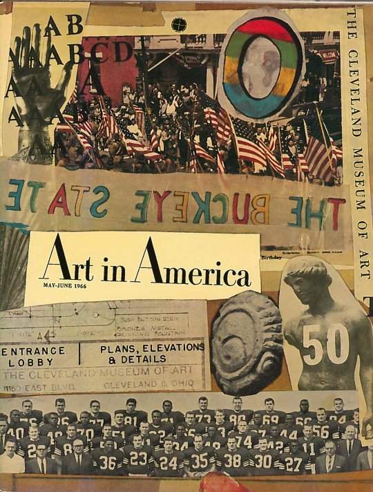 A collage of color and black and white images, including a mirror image of text reading "The Buckeye State", a colorful "O", classical statuary, a crowd holding American flags, and a football team with the title and date of the magazine in the center of the collage.