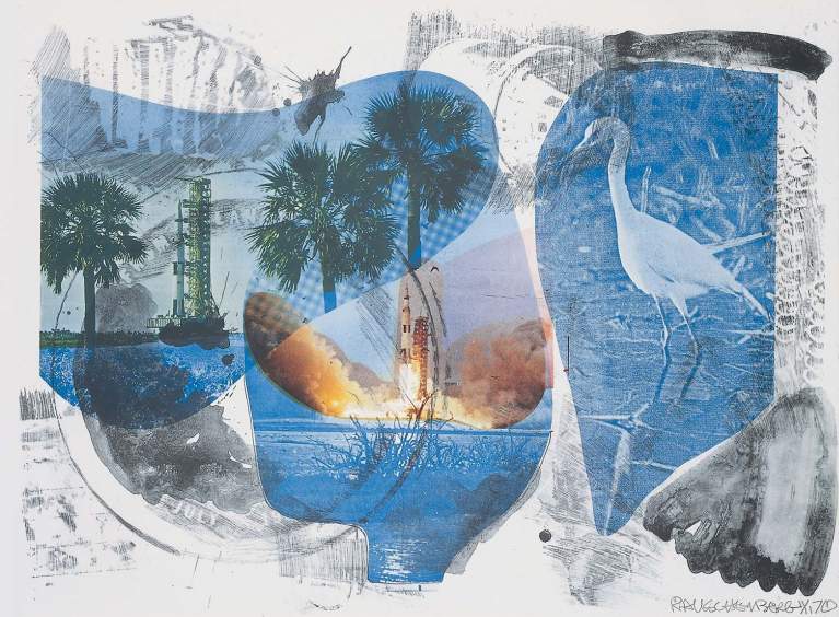 A lithograph showing palm trees, a space shuttle launch pad, and a herron. There is an overlay of blue shapes and a grey textured background.