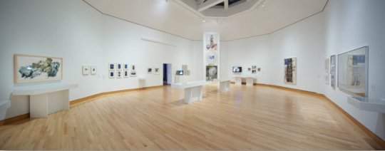 A panoramic view of a hexagonal room with framed artworks and vitrines along the white walls. Rauschenberg's large, vertical, three part print, Autobiography, is visible in the center.