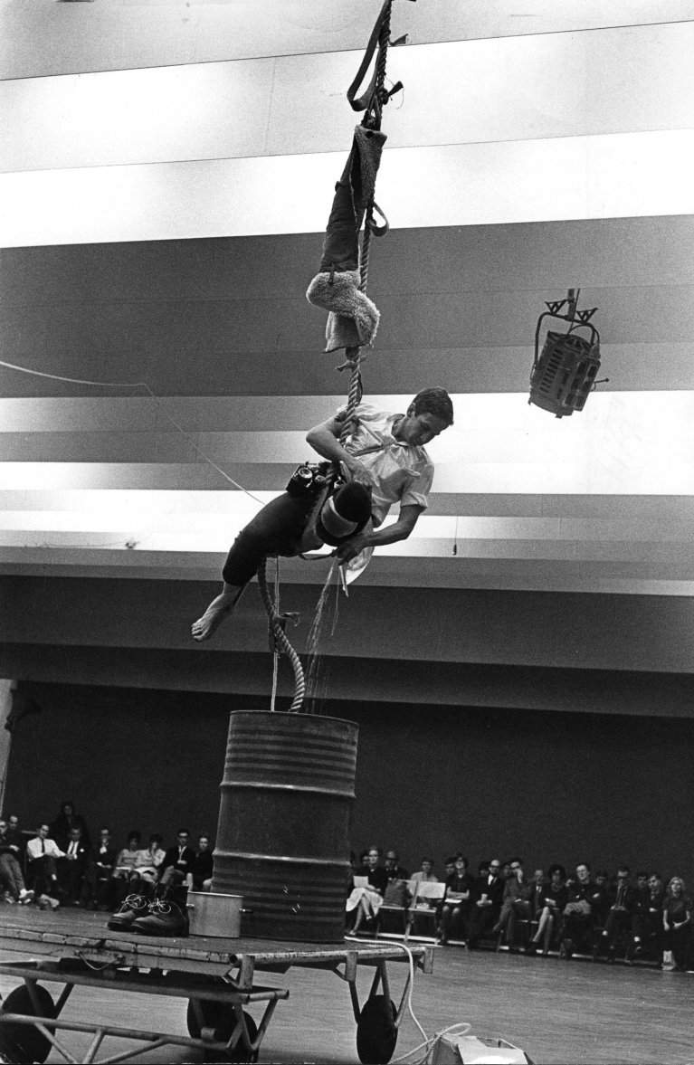 Rauschenberg performing his Elgin Tie, Five New York Evenings, Moderna Museet, Stockholm, September 13, 1964. Photo: Hans Malmberg