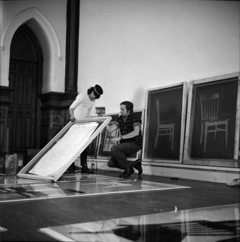 Robert Rauschenberg and Brice Marden silkscreening Plexiglas panels for Soundings in the chapel at 381 Lafayette, 1968
