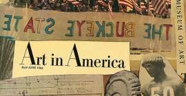 A collage of color and black and white images, including a mirror image of text reading "The Buckeye State", a colorful "O", classical statuary, a crowd holding American flags, and a football team with the title and date of the magazine in the center of the collage.