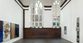 Installation view of "Around the Clock (Urban Bourbon)" (1993), "Same Time Piece (Galvanic Suite)" (1990), and "Photem Series I #9" (1981) in the chapel at 381 Lafayette Street, New York, 2023. Photo: Ron Amstutz